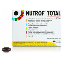 Nutrof total je prehransko dopolnilo, ki vsebuje vitamine in elemente z antioksidativnimi lastnostmi, lutein, zeaksantin, omega-3 esencialne maščobne kisline, resveratrol ter vitamin D. 