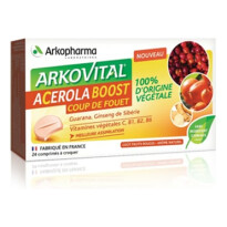 Arkovital Acerola Boost je prehransko dopolnilo z acerolo, guarano, indijsko kosmuljo, sibirskim ginsengom in rastlinskimi izvlečki. Arkovital Acerola Boost  je100 % naraven vitamin C v obliki žvečljivih tablet.