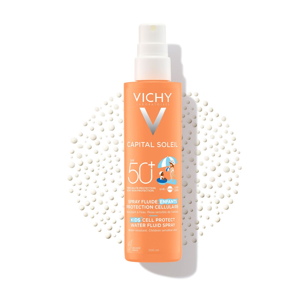 Vichy Capital Soleil Otroški Fluid na vodni osnovi v pršilu za zaščito kožnih celic ZF 50+, 200 ml