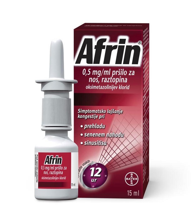 Afrin 0,5 mg/ml pršilo za nos, raztopina, 15 ml