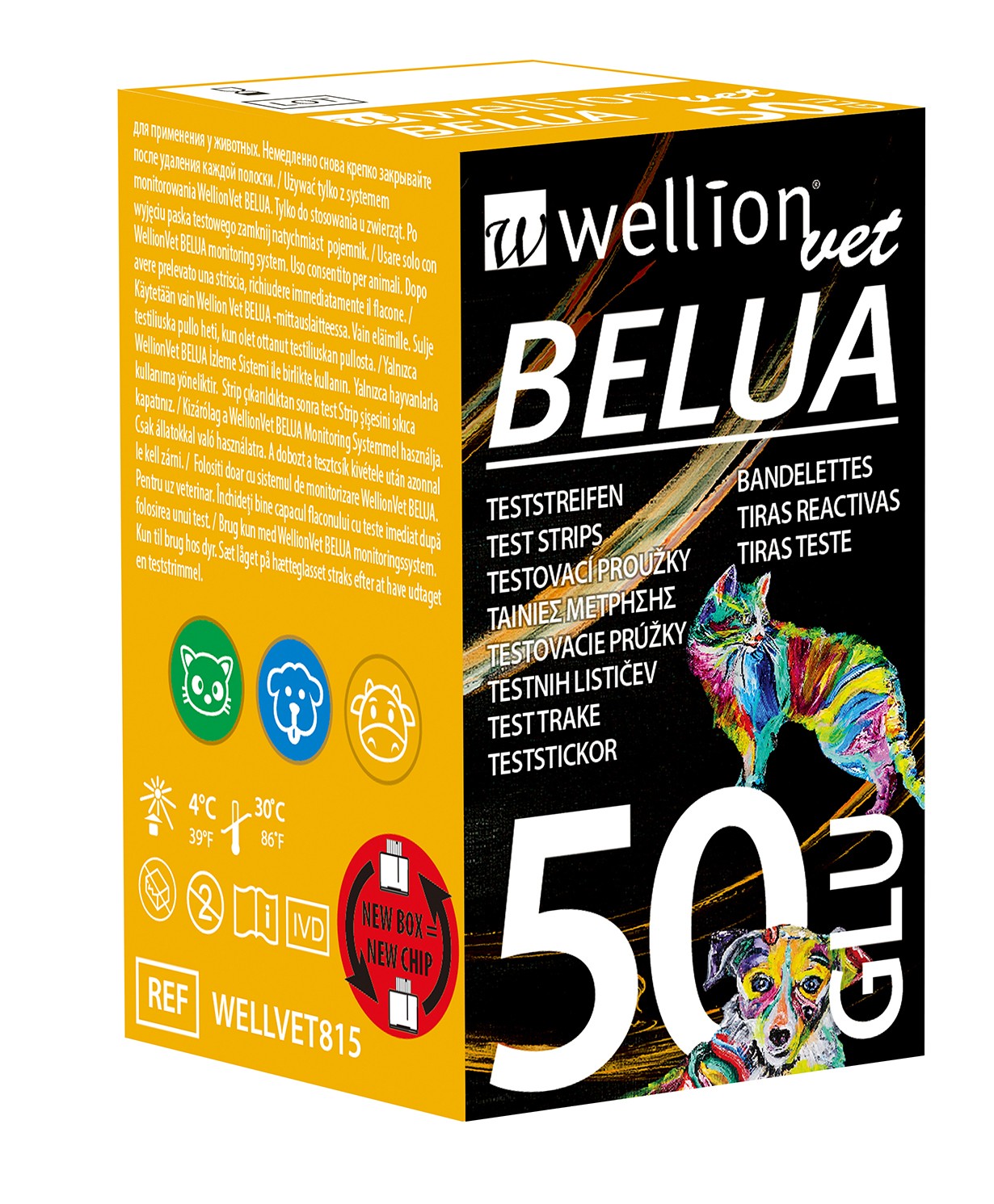 WellionVet BELUA GLU lističi za merjenje glukoze pri živalih, 50 merilnih lističev