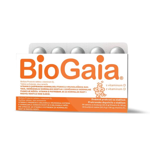 BioGaia Protectis D3 400 I.E. žvečljive tablete z okusom pomaranče, 30 tablet