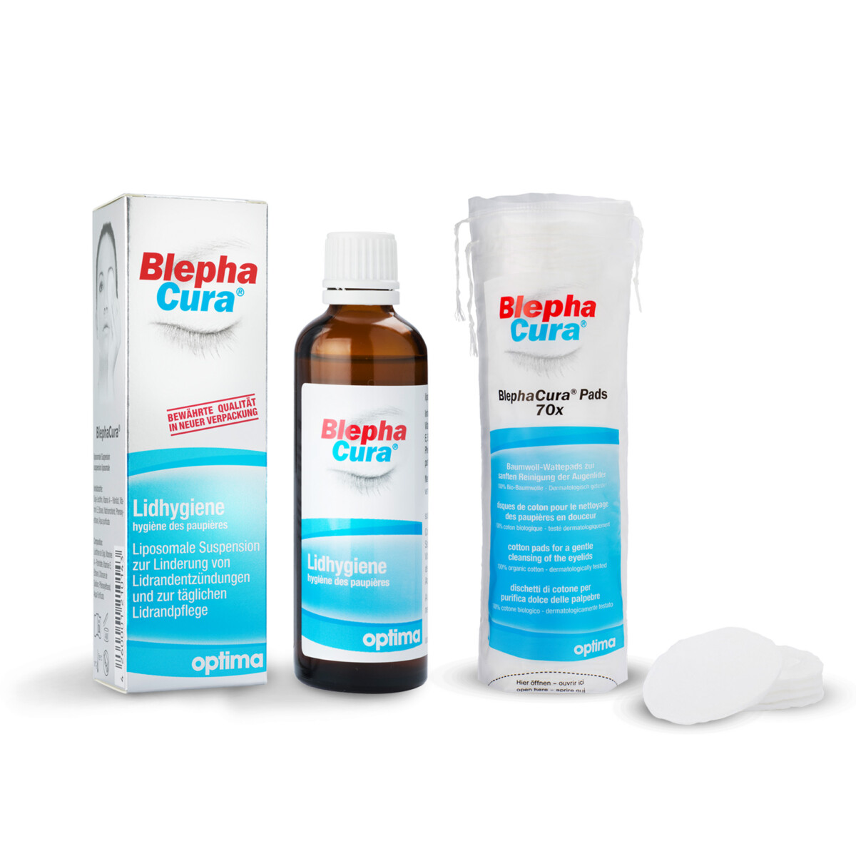 Blepha Cura paket za nego očesnih vek: Liposomska suspenzija (70 ml) + Bombažne blazinice (70 blazinic)