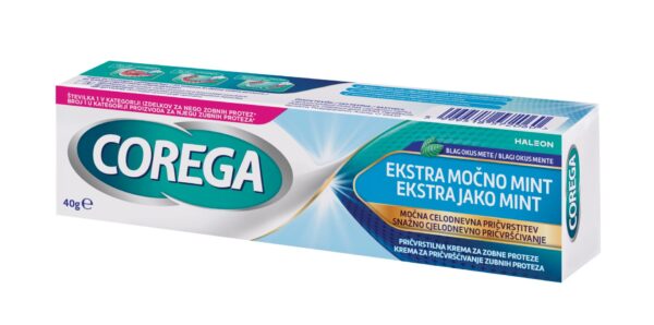 Corega Ekstra Močno Mint pričvrstilna krema za zobne proteze, 40 g