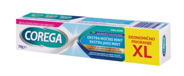 Corega Ekstra Močno Mint pričvrstilna krema za zobne proteze, 70 g