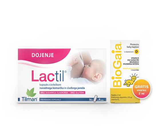 Lactil kapsule (56 kapsul) + DARILO BioGaia Protectis baby kapljice z vitaminom D (2 ml)