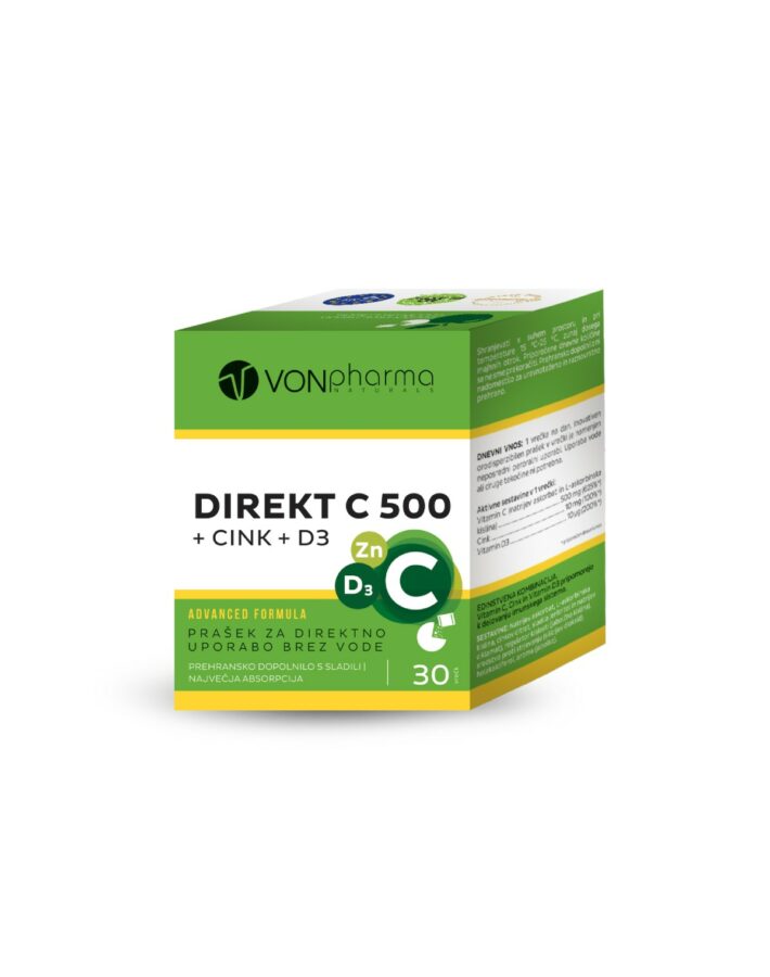 VonPharma Direkt C 500 + cink + D3 prašek za direktno uporabo, 30 vrečk