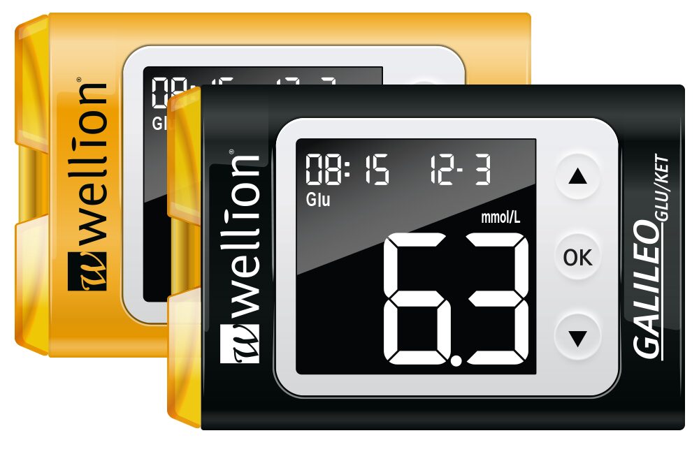 Wellion Galileo GLU/KET merilnik glukoze in ketonov v krvi (rumena barva) – začetni komplet