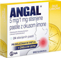 Angal 5 mg/1 mg stisnjene pastile z okusom limone, 24 stisnjenih pastil