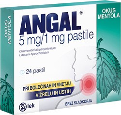 Angal pastile 5 mg/1 mg z okusom mentola, 24 pastil