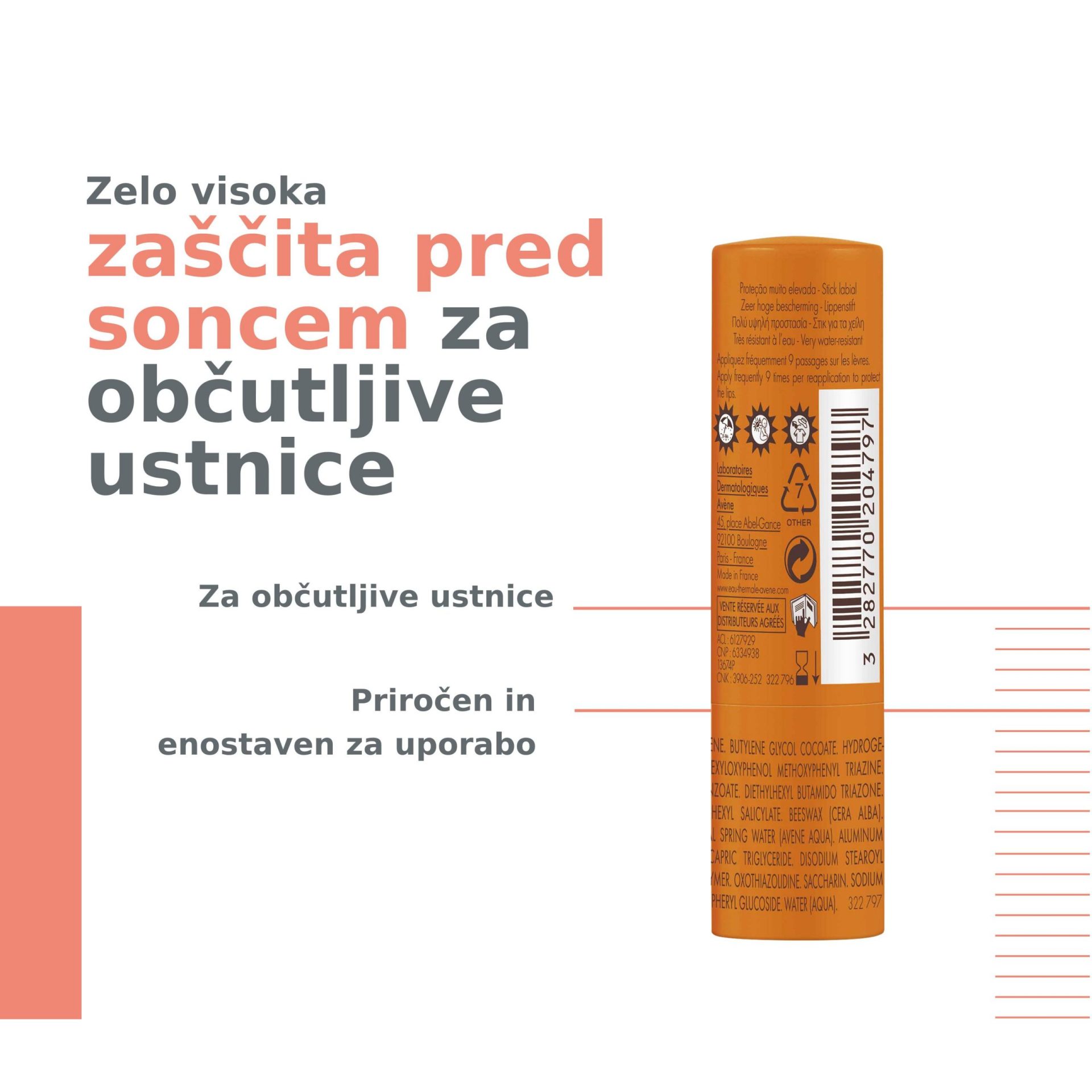 Avène Sun stik za ustnice zelo visoka zaščita ZF50+, 3 g