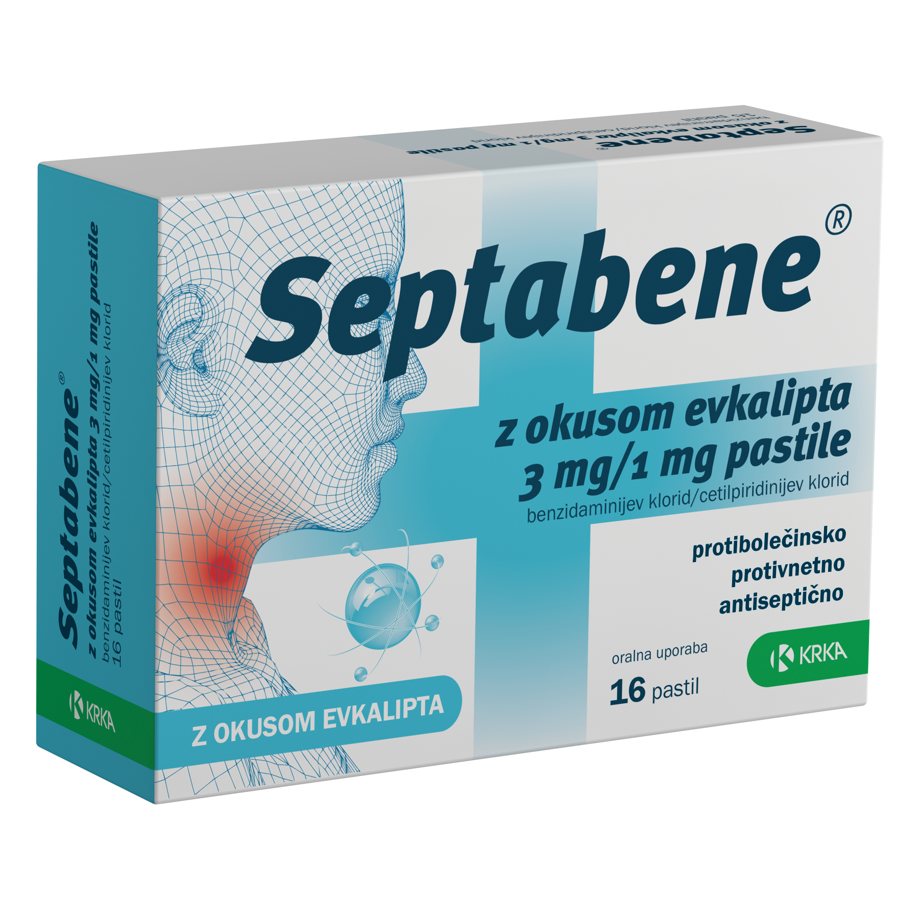 Septabene z okusom evkalipta 3 mg/1 mg pastile, 16 pastil