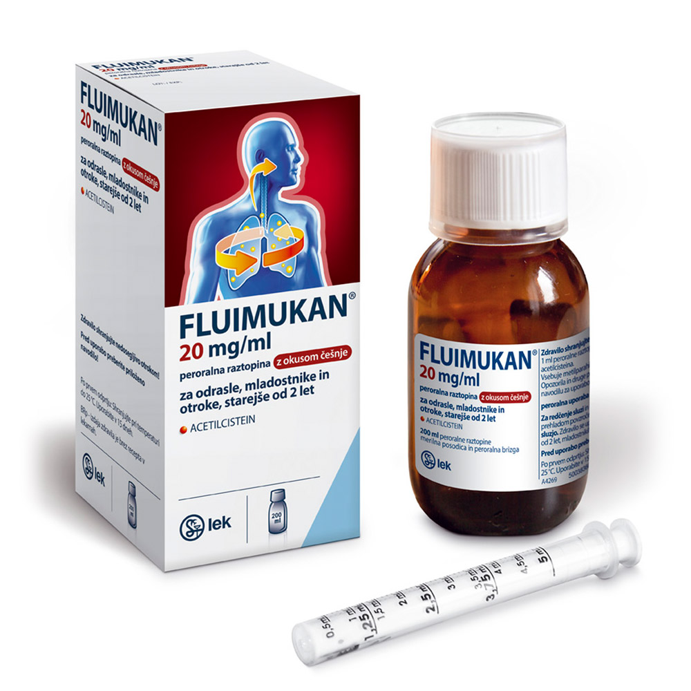 Fluimukan 20 mg/ml peroralna raztopina z okusom češnje, 200 ml
