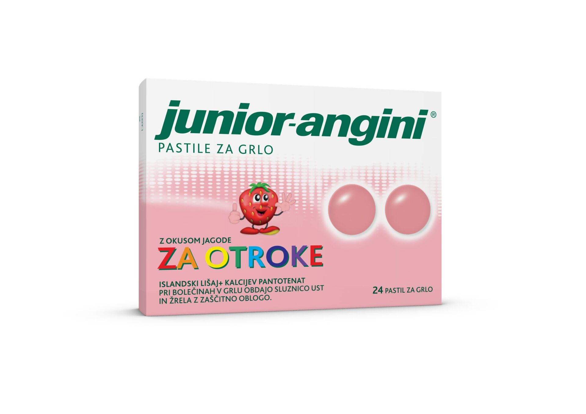 Junior-angini pastile za grlo za otroke z okusom jagode, 24 pastil