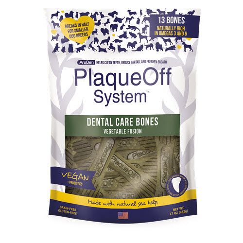 PlaqueOff Dental Care Bones 2v1 – Vegi priboljški za pse z okusom mešane zelenjave, 13 kosti