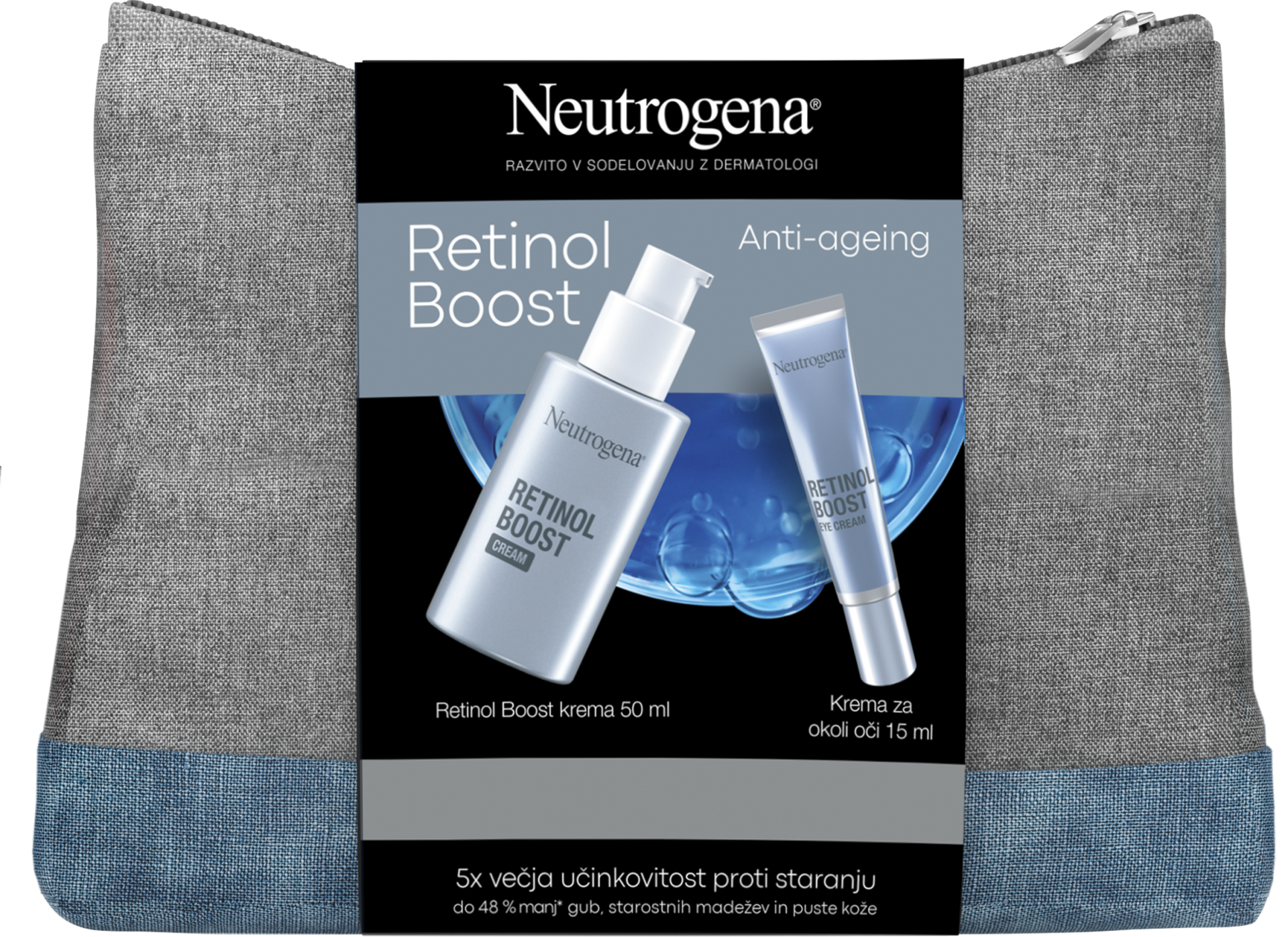 Neutrogena Retinol Boost paket za nego obraza (krema 50 ml + krema za okoli oči 15 ml + toaletna torbica)