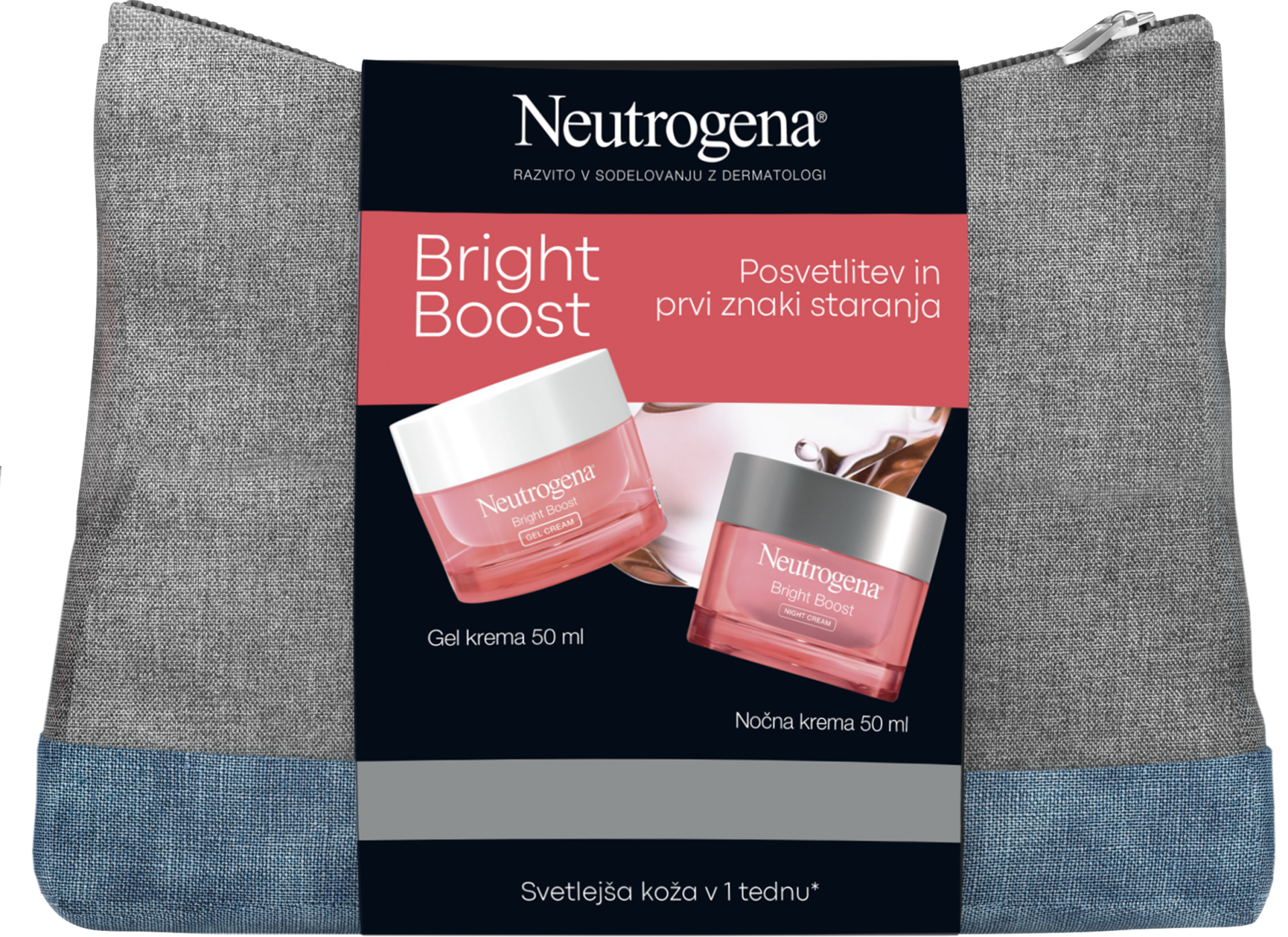 Neutrogena Bright Boost paket za nego obraza (gel krema 50 ml + nočna krema 50 ml + toaletna torbica)