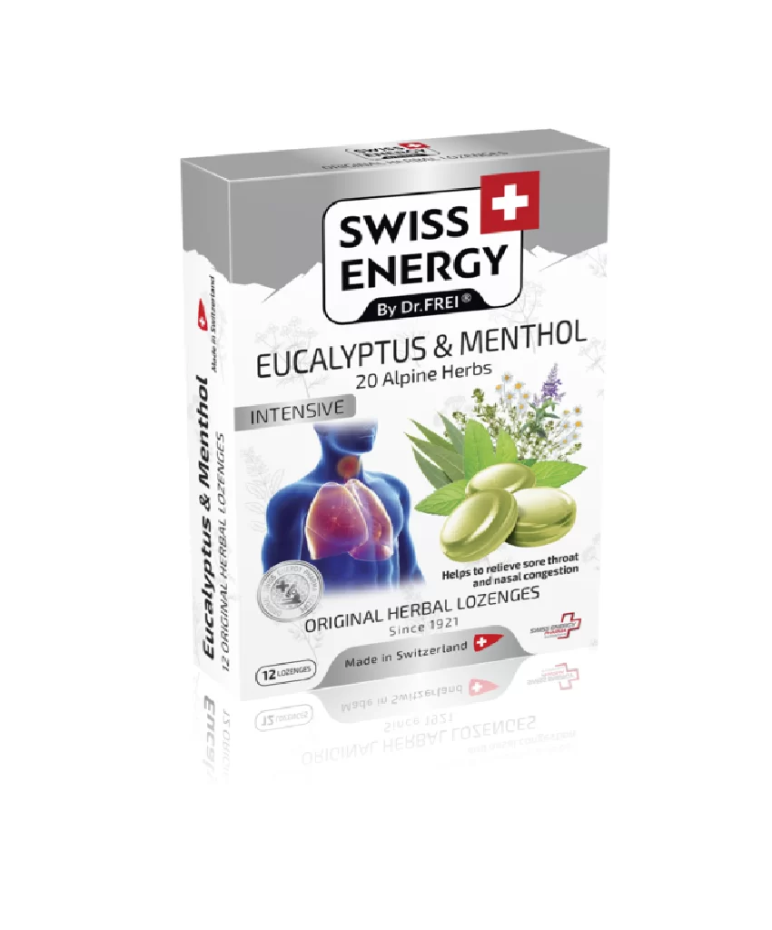 Swiss Energy Intensive zeliščne pastile z 20 zelišči, mentolom in evkaliptom,12 pastil