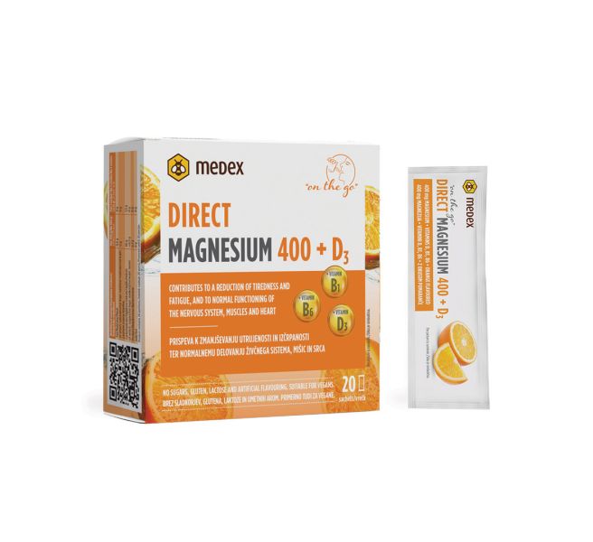 Medex Magnezij Direct 400 + D3 prašek v vrečkah, 20 vrečk po 2,2 g