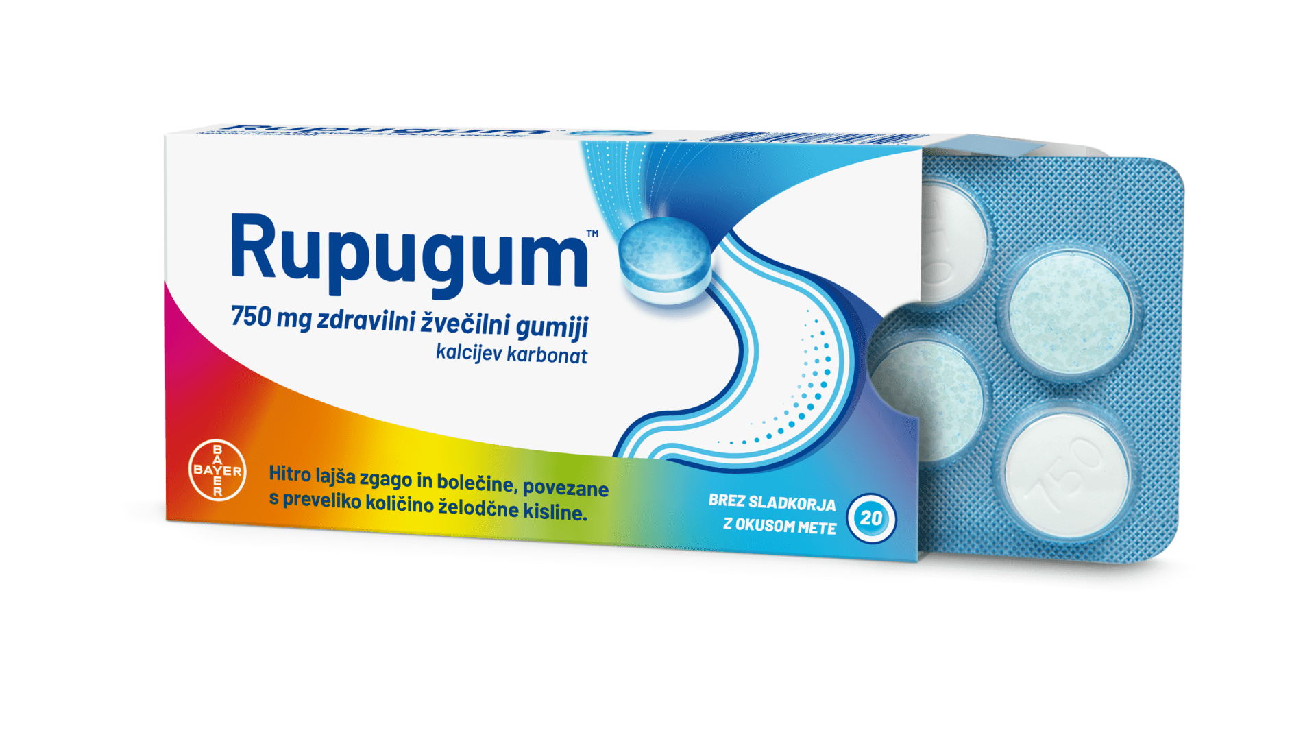 Rupugum 750 mg zdravilni žvečilni gumiji, 20 žvečilnih gumijev