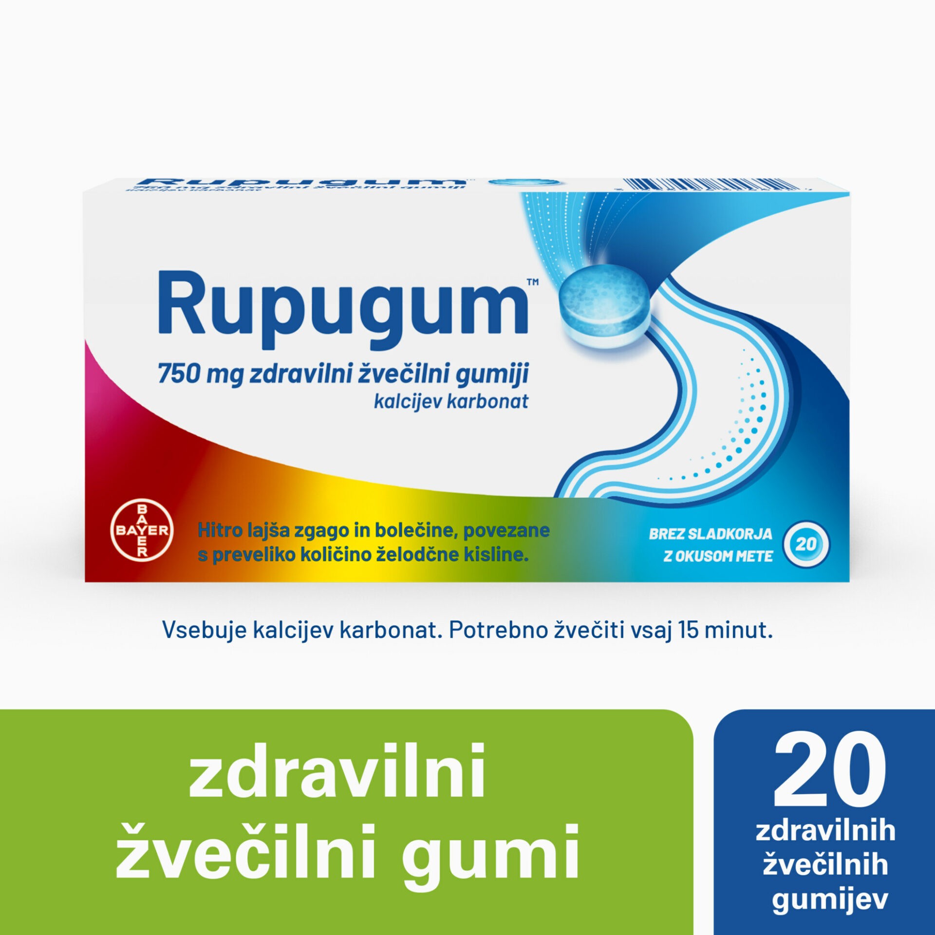 Rupugum 750 mg zdravilni žvečilni gumiji, 20 žvečilnih gumijev