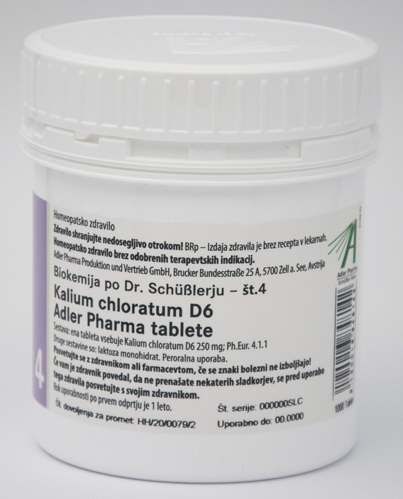 Schüsslerjeva sol št. 4 Kalium chloratum D6, 1000 tablet