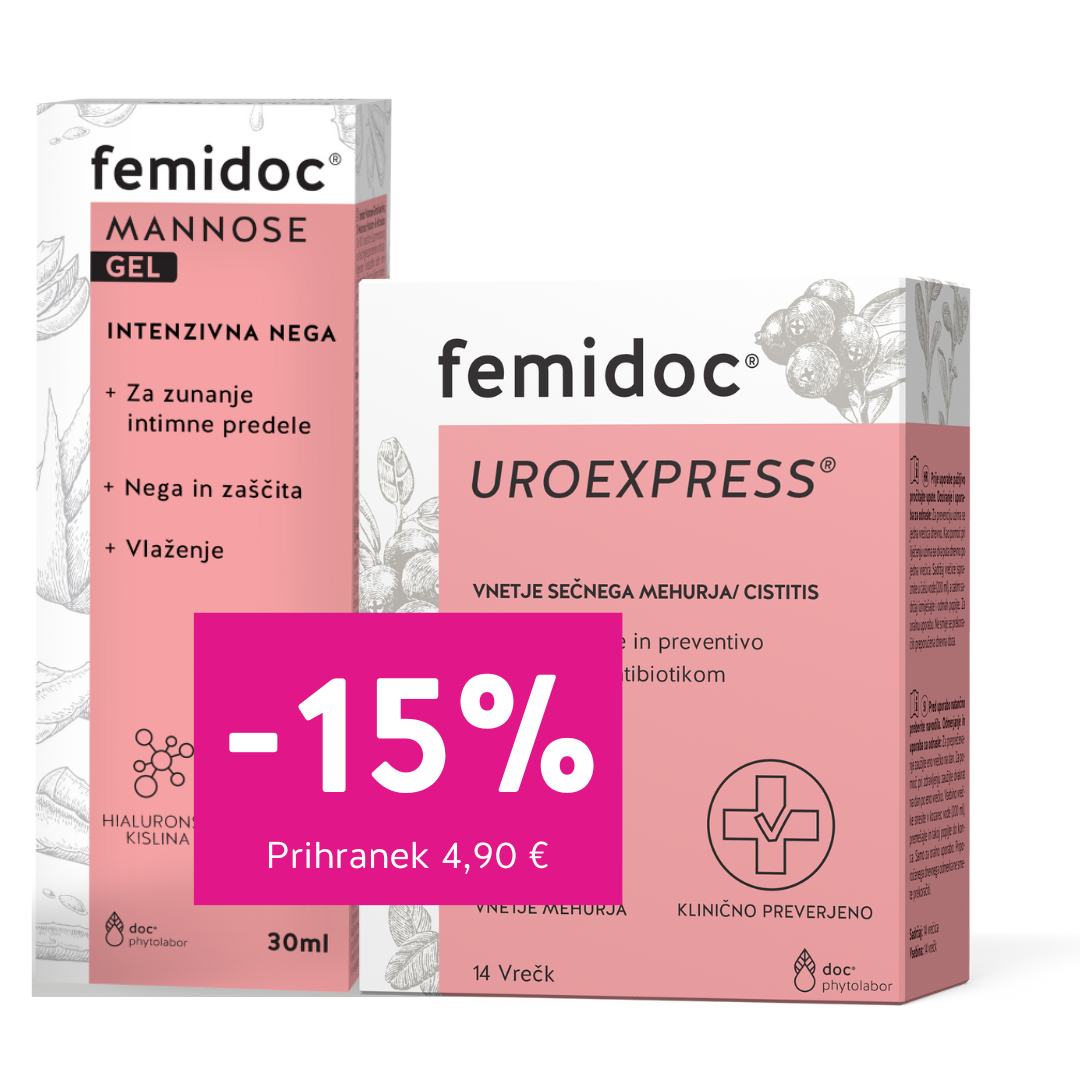 Femidoc paket za mehur: Uro Express (14 vrečk) + Mannose intimni gel (30 ml)