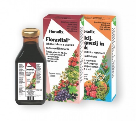 Floradix komplet: Floravital tekoče železo z vitamini tonik (250 ml) + Kalcij, magnezij in cink tonik (250 ml)