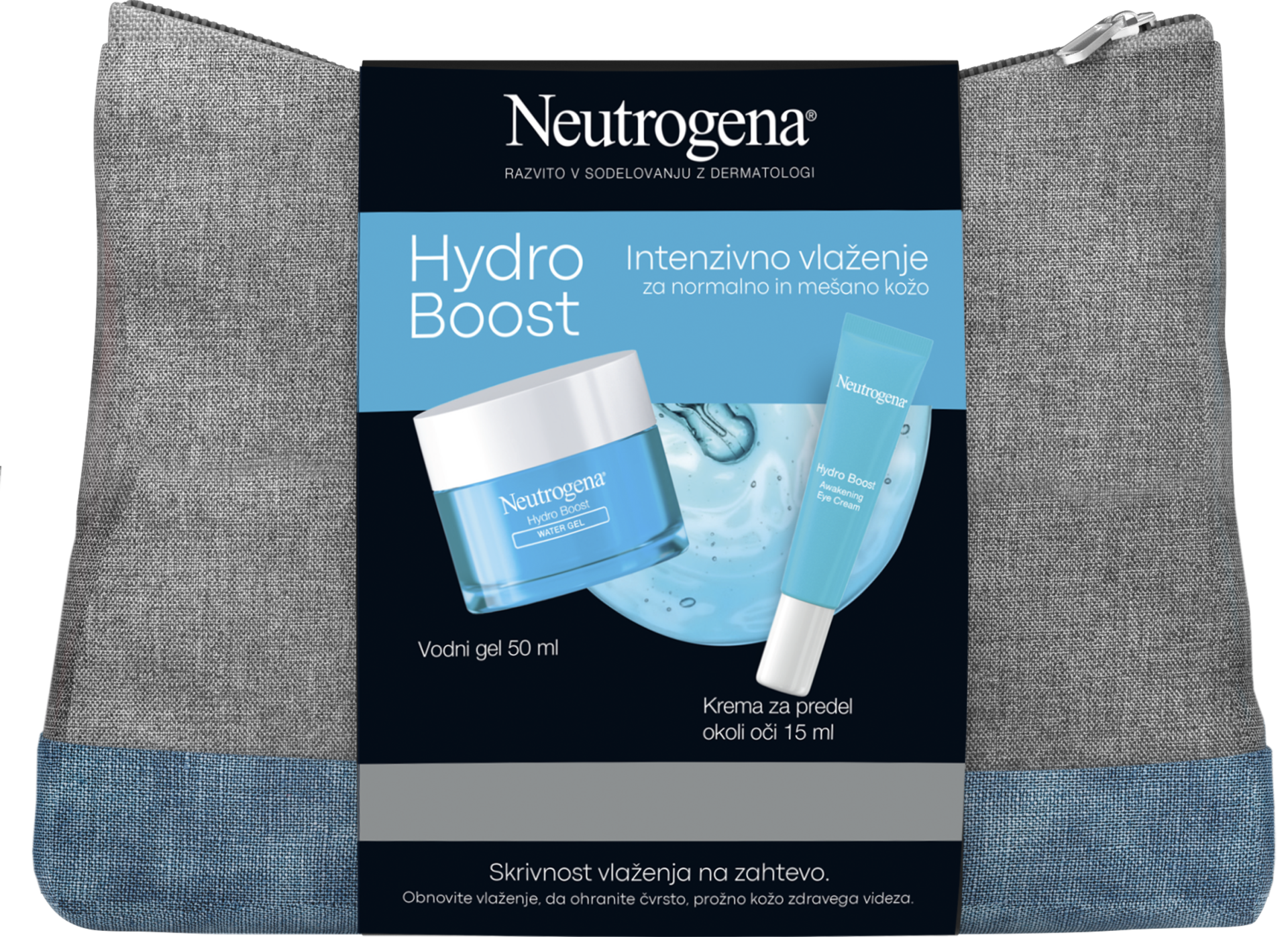 Neutrogena Hydro Boost paket za nego obraza (gel 50 ml + krema za okoli oči 15 ml + toaletna torbica)