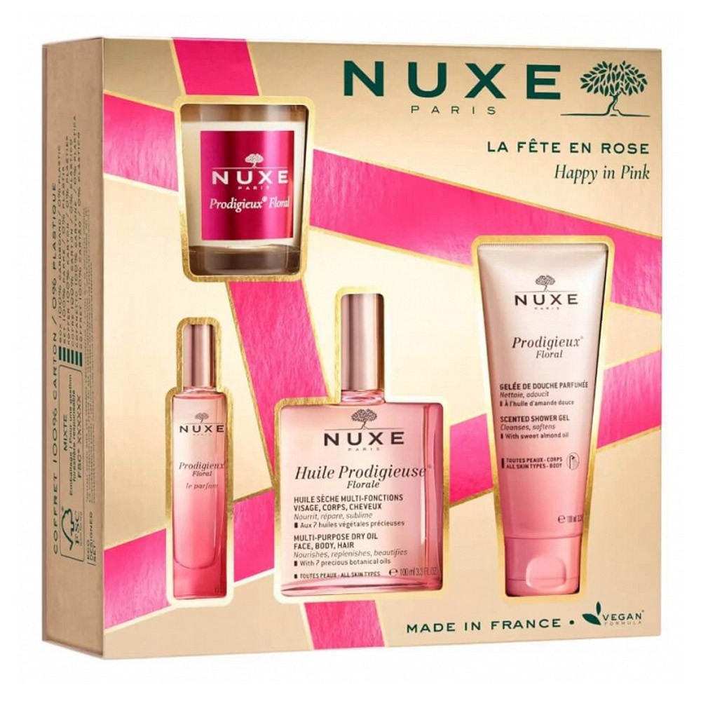 Nuxe Happy in Pink darilni set, 2 x 100 ml + 15 ml + 70 g