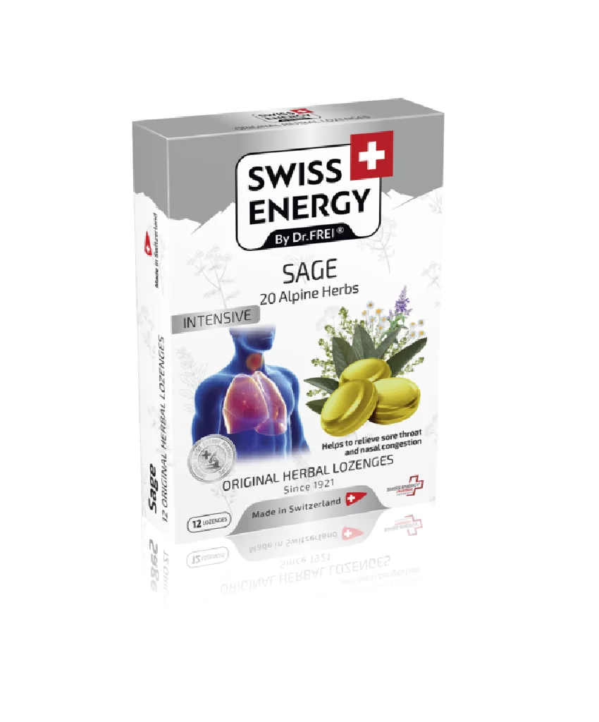 Swiss Energy Intensive zeliščne pastile z 20 zelišči in žajbljem, 12 pastil