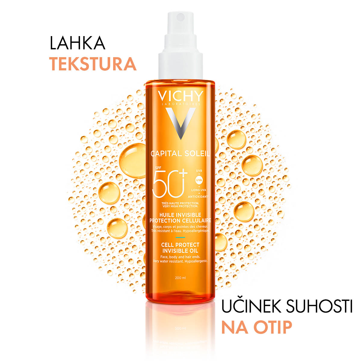 Vichy Capital Soleil Zaščitno olje za obraz, telo in konice las ZF 50+ pršilo, 200 ml