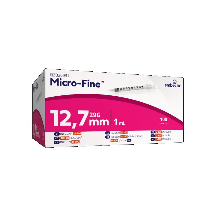 Embecta Micro-Fine Plus inzulinske brizge U100 1 ml z iglo 29G (0,33 × 12,7 mm), 100 kosov