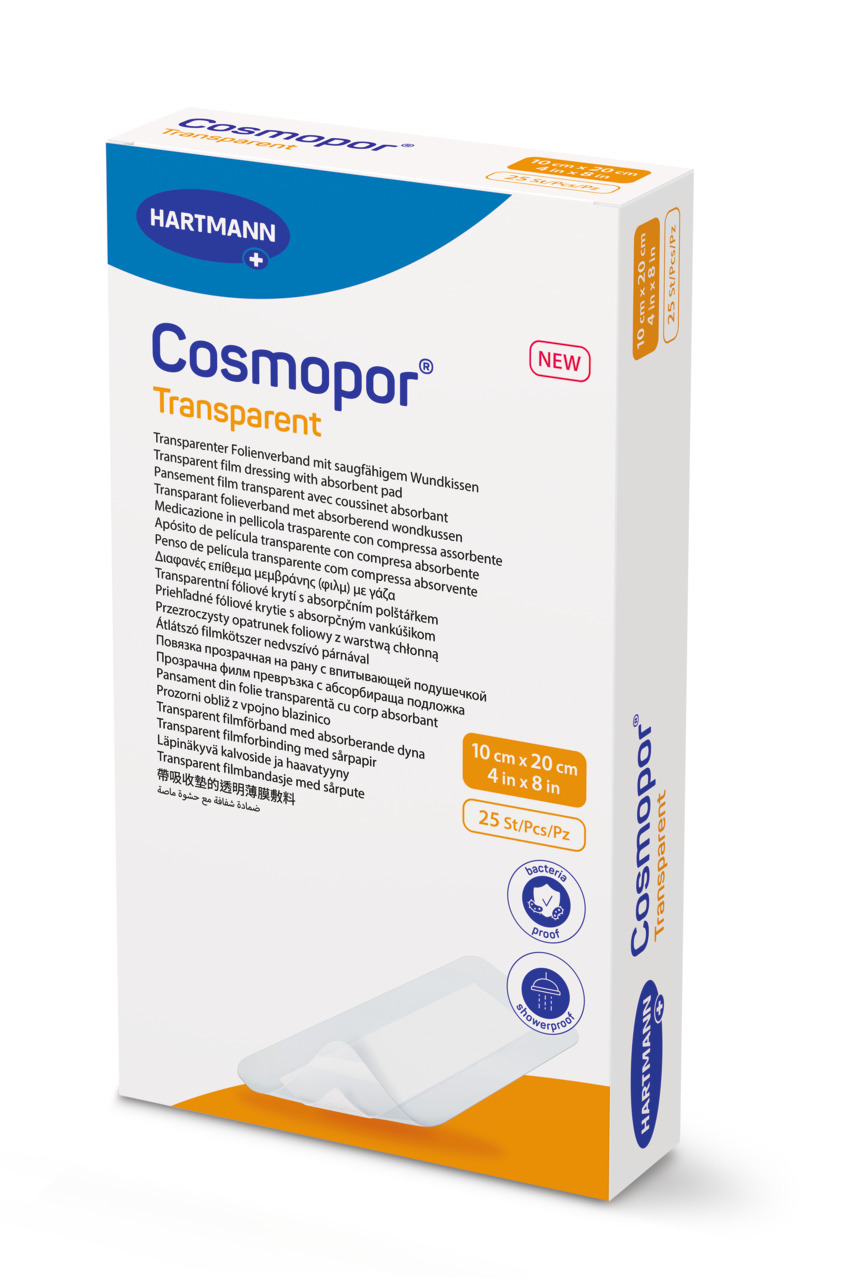 Cosmopor Transparent prozoren sterilen obliž z vpojno blazinico (10 x 20 cm), 25 obližev