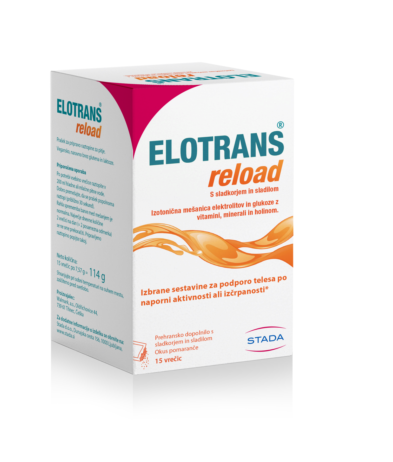 Elotrans reload izotonična mešanica elektrolitov in glukoze (okus pomaranča), 15 vrečic