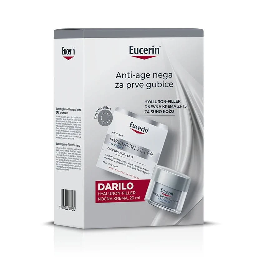 Eucerin Hyaluron-Filler darilni set za suho kožo:  Dnevna krema ZF 15 (50 ml) + Nočna krema (20 ml)