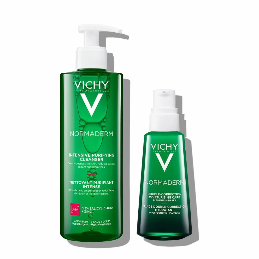 Vichy Normaderm protokol za mastno in k aknam nagnjeno kožo v odrasli dobi (čiščenje in nega) – čistilni gel in gel (400 ml + 50 ml)