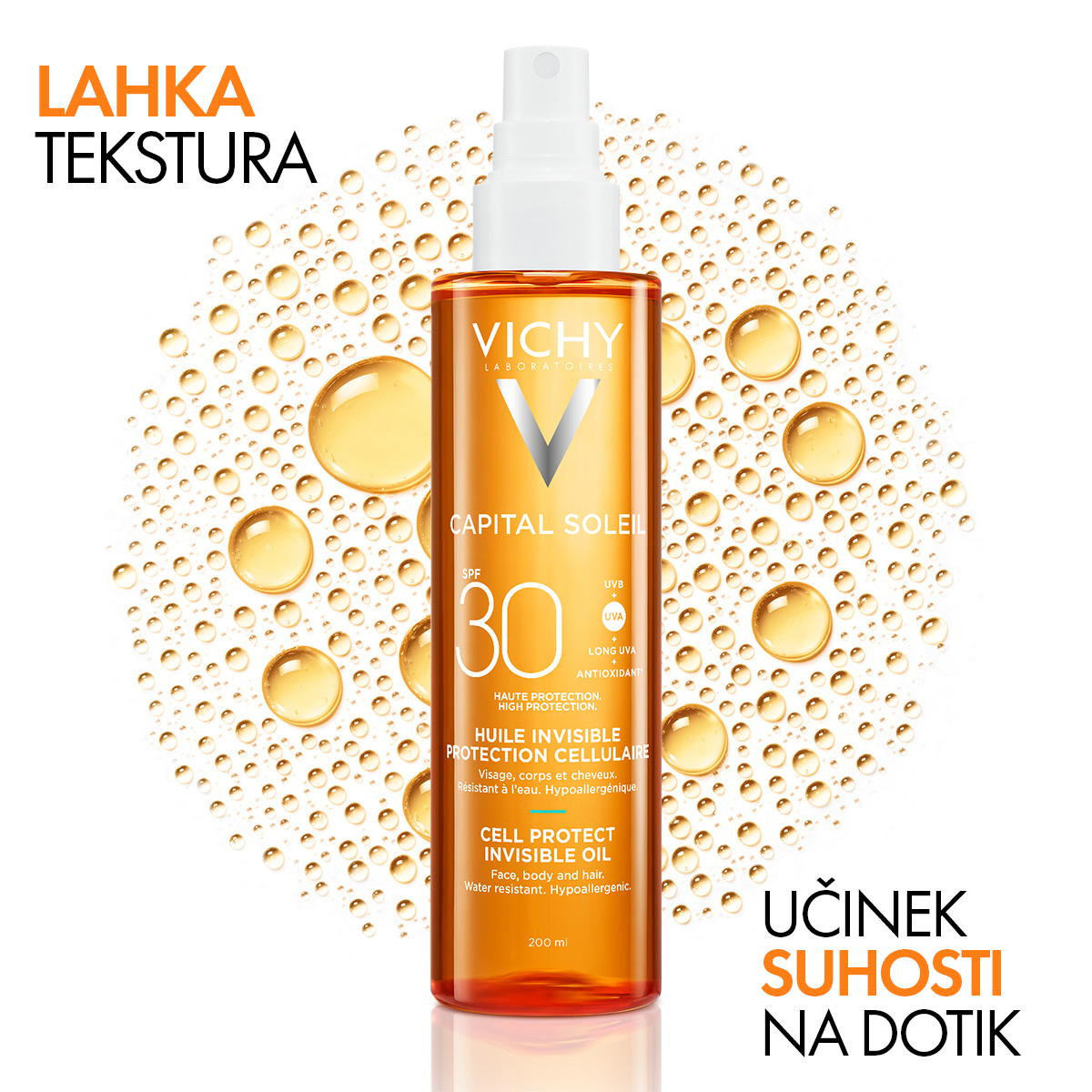 Vichy Capital Soleil zaščitno olje za obraz, telo in konice las ZF30 pršilo, 200 ml