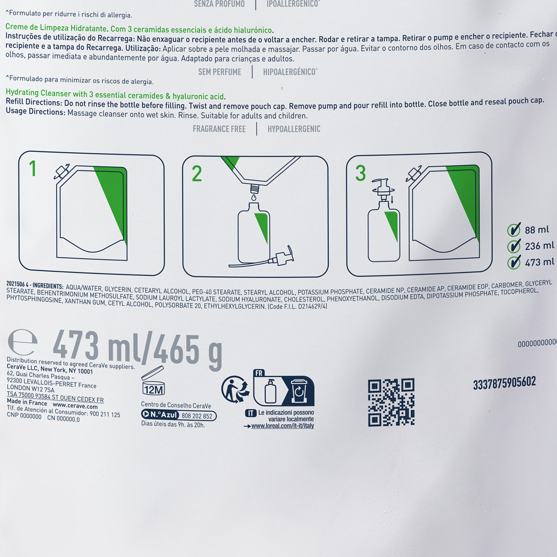 CeraVe Vlažilna čistilna emulzija za normalno do suho kožo – refill, 473 ml