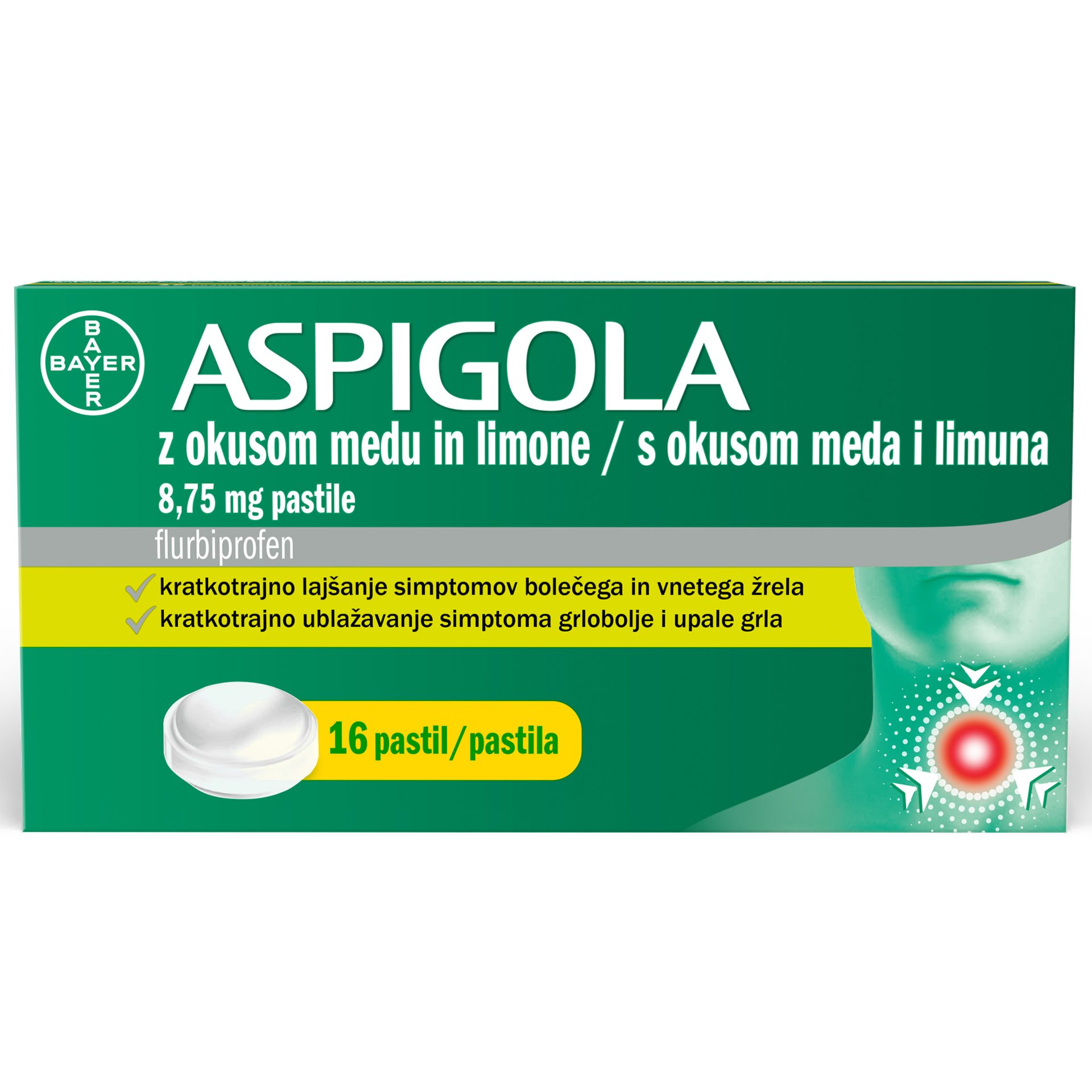 Aspigola 8,75 mg pastile z okusom medu in limone, 16 pastil