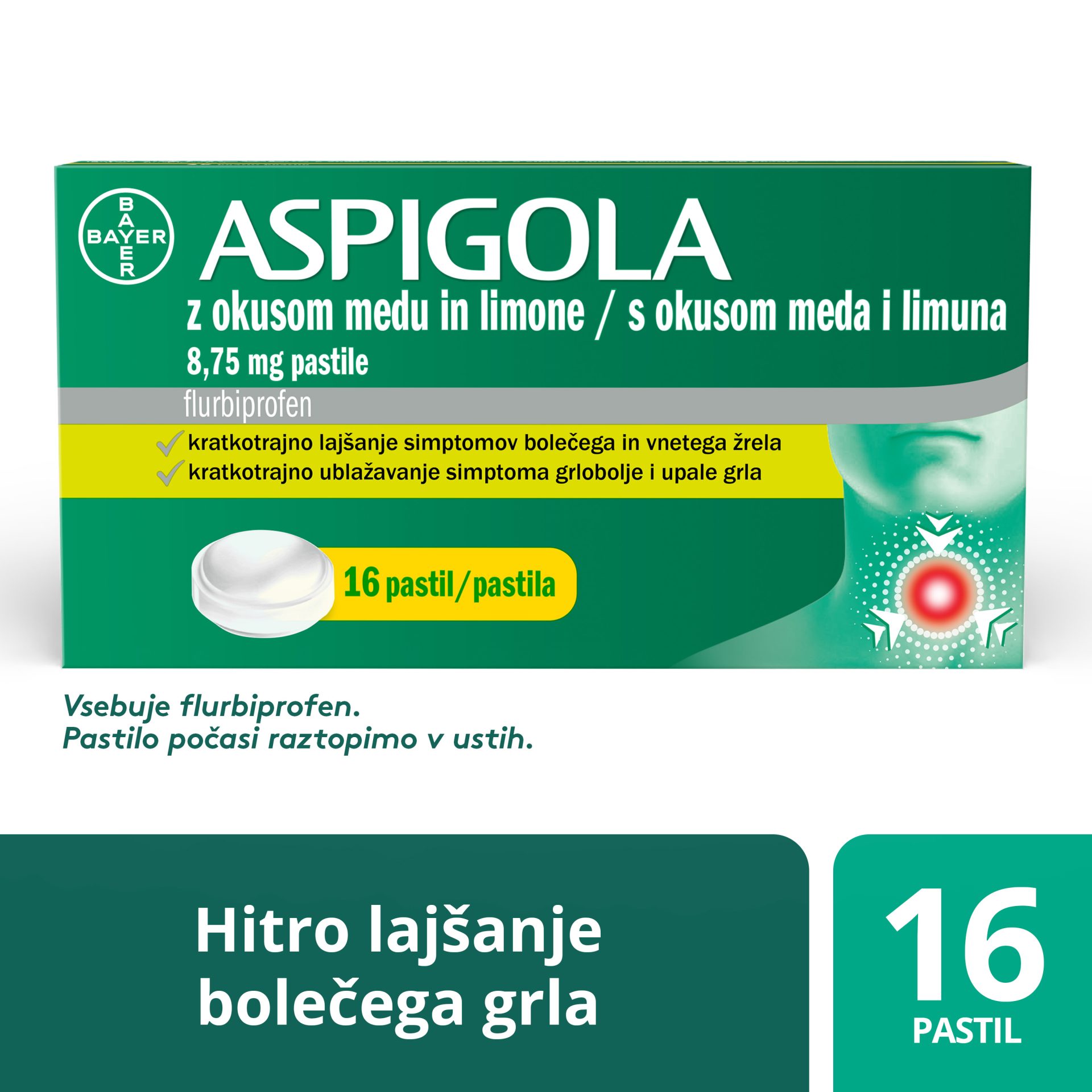 Aspigola 8,75 mg pastile z okusom medu in limone, 16 pastil