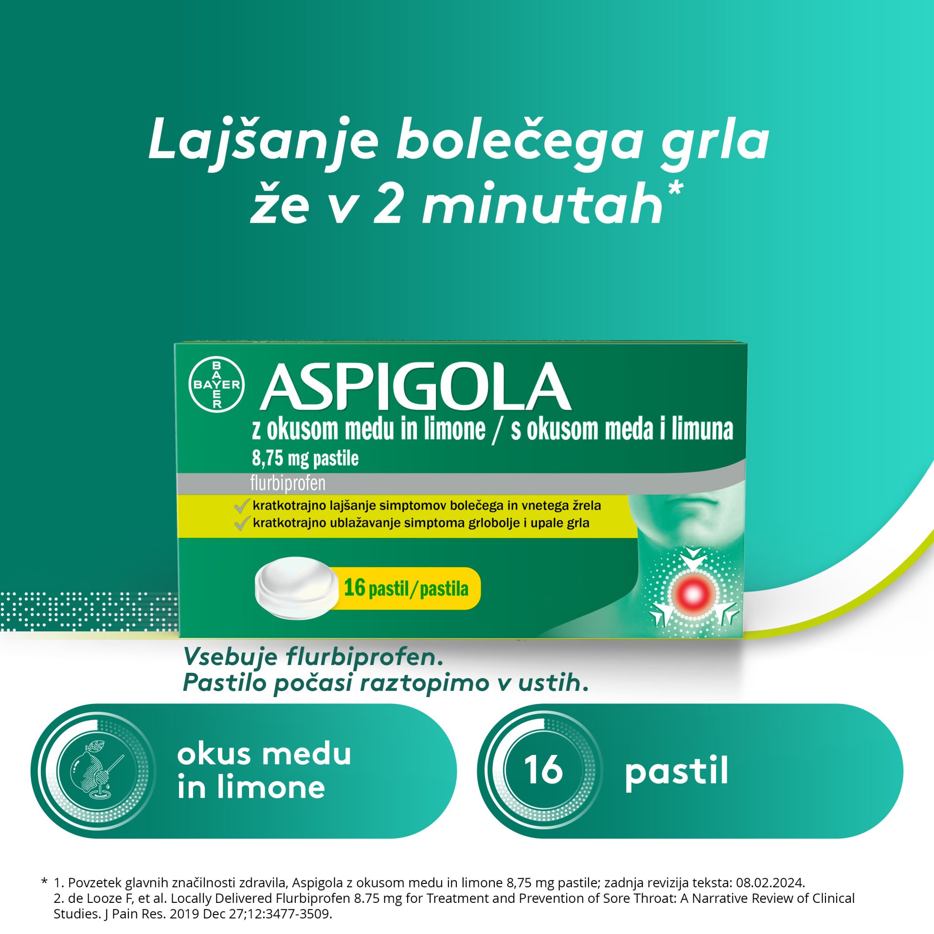 Aspigola 8,75 mg pastile z okusom medu in limone, 16 pastil
