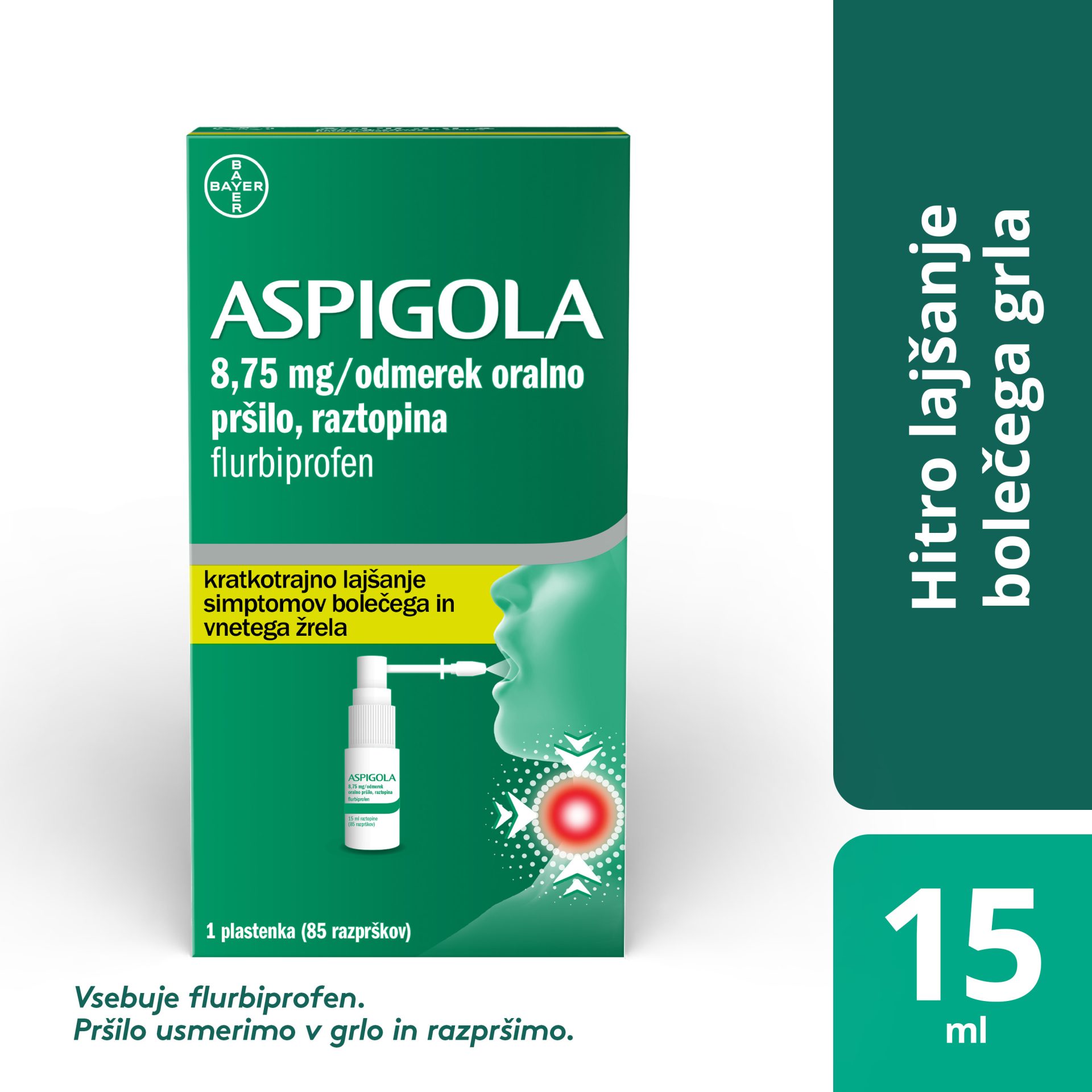 Aspigola 8,75 mg/odmerek oralno pršilo – raztopina, 15 ml