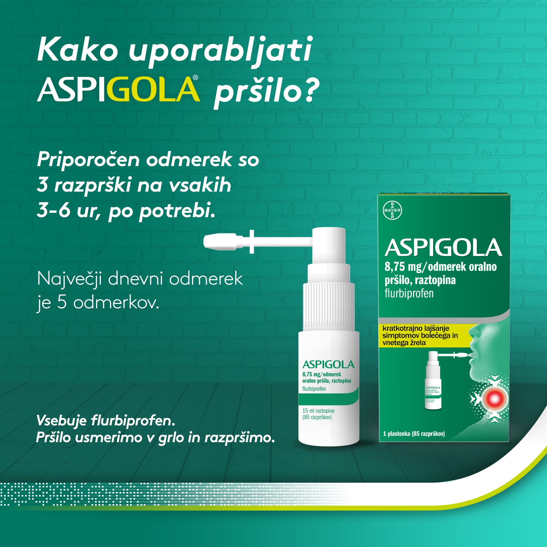 Aspigola 8,75 mg/odmerek oralno pršilo – raztopina, 15 ml