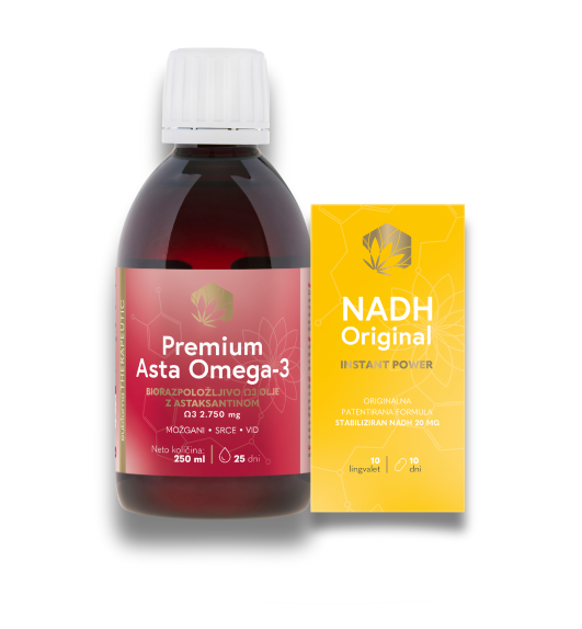 Eubioma paket: Premium Asta Omega-3 olje (250 ml) + NADH Original Instant Power lingvalete (10 lingvalet)