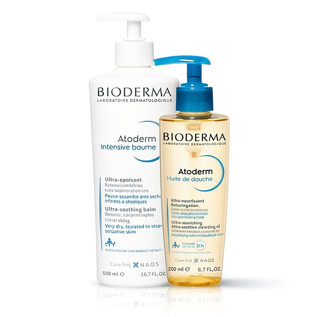 Bioderma Atoderm paket: Intensive balzam za nego zelo suhe atopijske kože (500 ml) + Hranljivo olje za prhanje (200 ml)