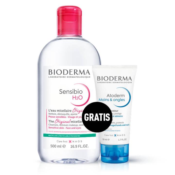 Bioderma paket: Sensibio H2O micelarni losjon za čiščenje (500 ml)  + Atoderm krema za roke (50 ml)