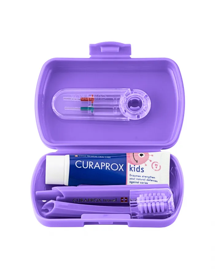 Curaprox potovalni set Kids – vijoličen (6–12 let)