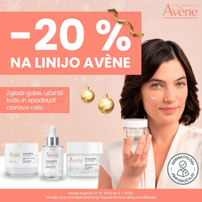 Izkoristite –20 % popust na celotno linijo Avène. Akcija traja od 12. 12. 2025 do 3. 1. 2026 v Lekarni Plavž. Avène –20 % | Akcija kozmetike Avène v Lekarni Plavž