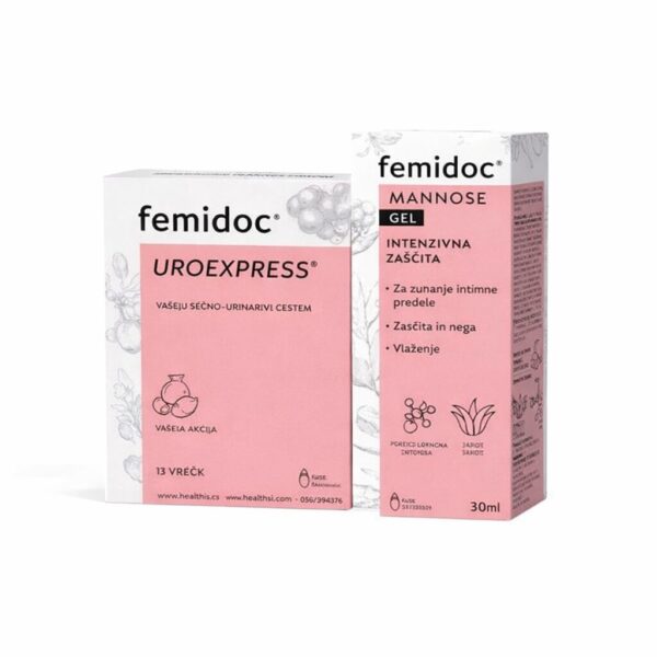 Femidoc paket: Uro Express (14 vrečk) + Mannose intimni gel (30 ml)